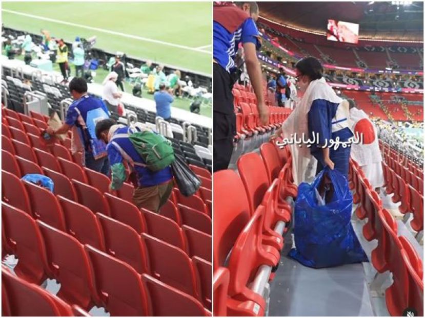 日本球迷将垃圾捡起来，集中在塑胶袋里带出场外。