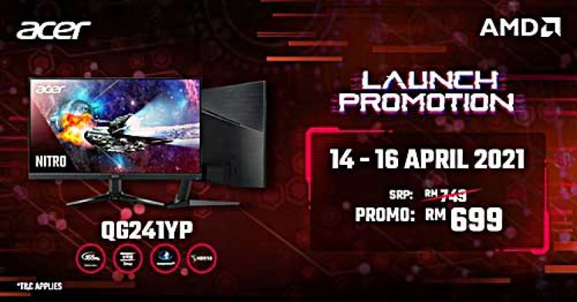 Acer Nitro QG241Y P的零售价为RM749。从2021年4月14日到2021年4月16日,Acer Nitro QG241Y P可在Shopee和Lazada的Acer官方商店以RM699购买。