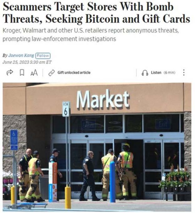 美国多家超商被勒索，不给钱就放炸弹。