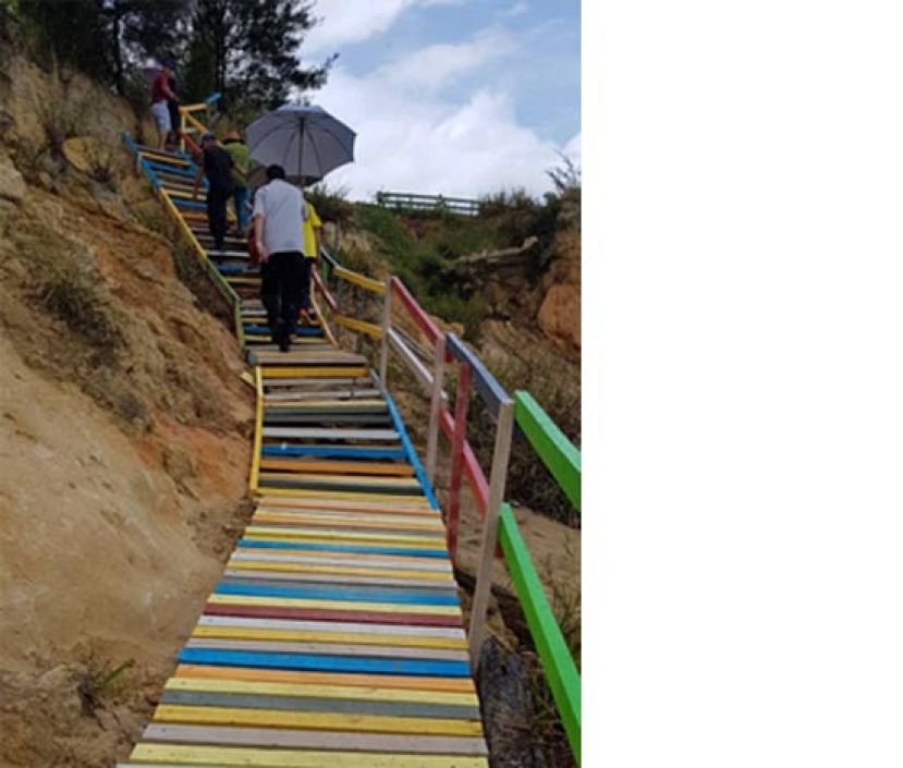 陈超耀助理部长等人使用已施工完毕的&ldquo;彩虹梯&rdquo;走下海边。