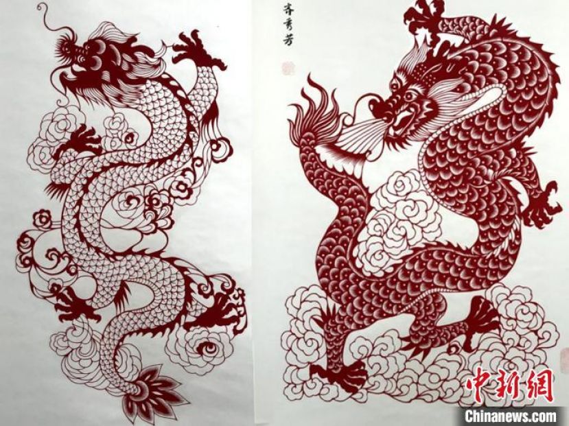 高密剪纸代表性传承人齐秀芳创作的《平步青云》龙年主题剪纸作品。