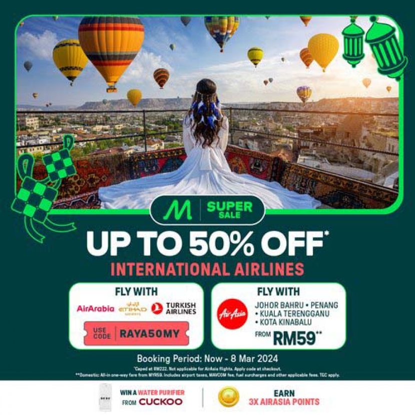 通过 AirAsia MOVE Raya Super Sale 节省更多，平台优惠仅从 RM9 起。