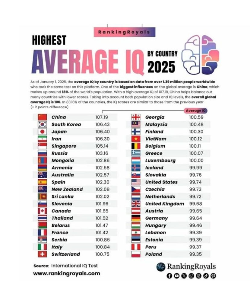 2025全球智商排行榜　中国高居榜首、大马第22