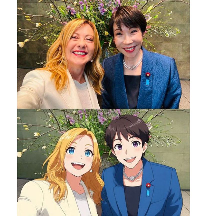 梅洛尼在X平台上传了一张与高市的动漫风格自拍照。