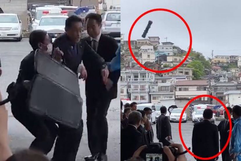 爆裂物就落在岸田脚边1公尺远处，而随扈见状随即冲上前去保护首相。