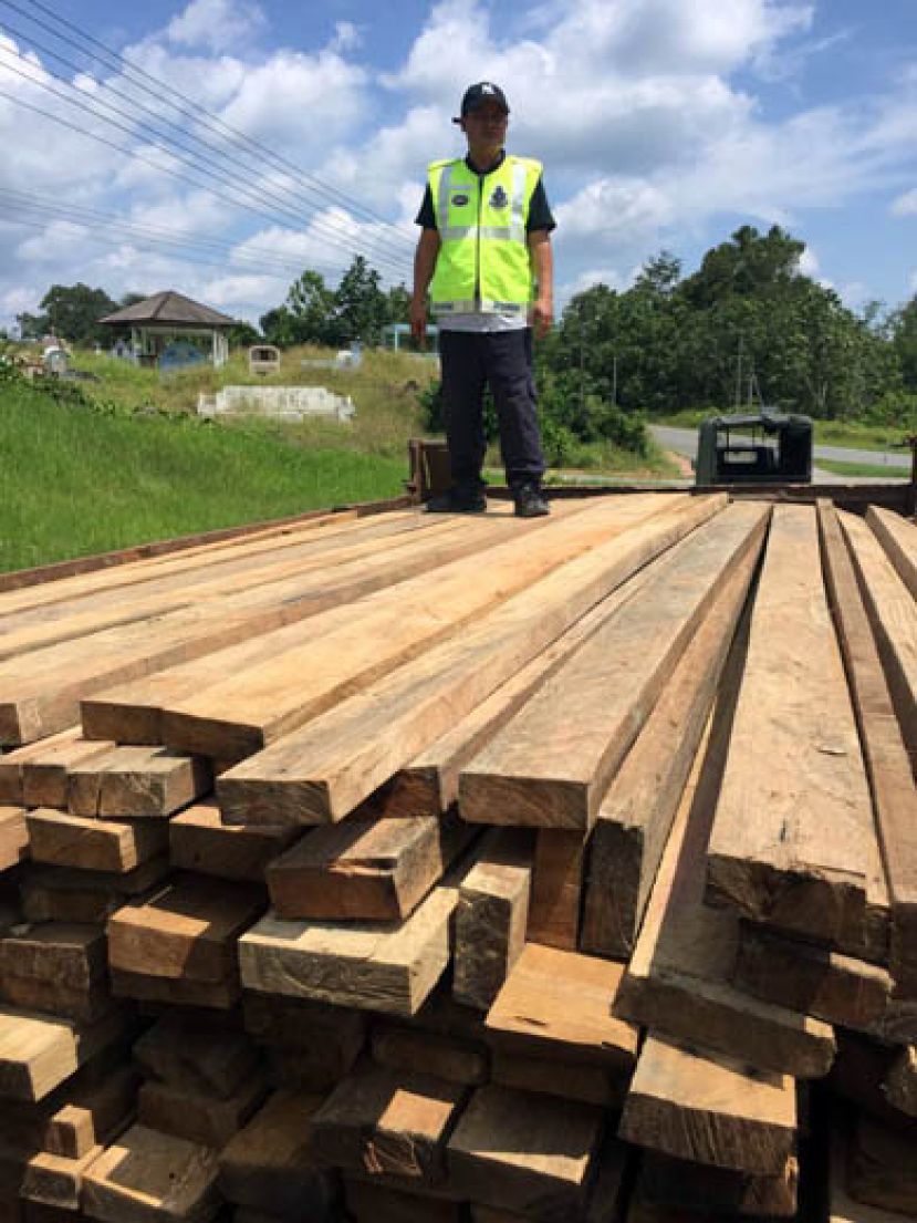 泗里街水警部队截获一辆运载非法木板的罗厘，司机被扣押，并起获的非法木板。