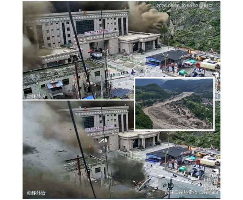 位於中国和尼泊尔边境的西藏日喀则市吉隆县吉隆口岸，泥石流和洪水冲毁了建筑物，监视器画面显示人们四散奔逃。小图为尼泊尔巴格马蒂省怒瓦阔特县山洪暴发，受损房屋摇摇欲坠地矗立在特里苏里河水位暴涨、被瓦砾堵塞的河岸边。