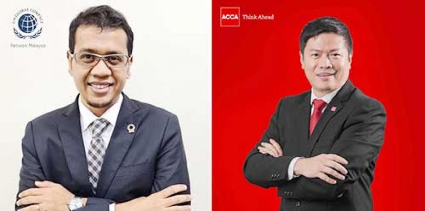 通过知识和资源共享，加强对商业实践中可持续性的认知和倡导。左起为大马与文莱联合国全球契约组织（UNGCMYB）执行主任Faroze Nadar，ACCA东南亚区域 (Maritime Southeast Asia) 总负责人林孝卫（Edward Ling）