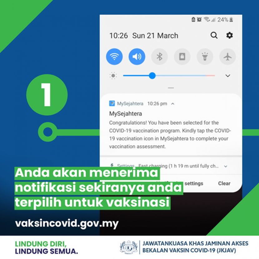MySejahtera手机应用程式将弹出&ldquo;恭喜你被选中参与全国疫苗接种计划。请点击MySejahtera 应用程式的&lsquo;接种新冠疫苗&rsquo;图标，以确认接种疫苗预约。&rdquo;