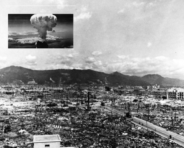 1945年10月14日，广岛核爆後景象。小图为广岛湾微粒中发现7000&deg;C核爆瞬间孕育的前所未见新合金。