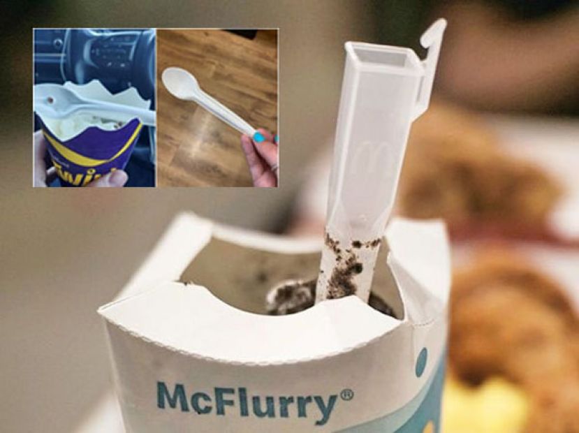 冰炫风的方头塑胶汤匙极具特色。小图为外国网友拿到纸汤匙时非常惊讶。