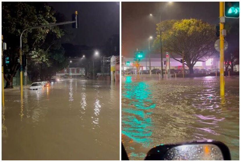纽西兰威灵顿发生史上最强降雨，连夜豪雨导致市区大片淹水。