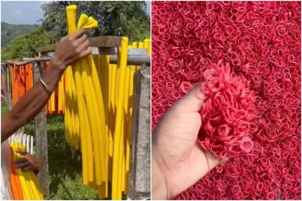 历经加工、干燥等程序，橡皮筋便制作完成。