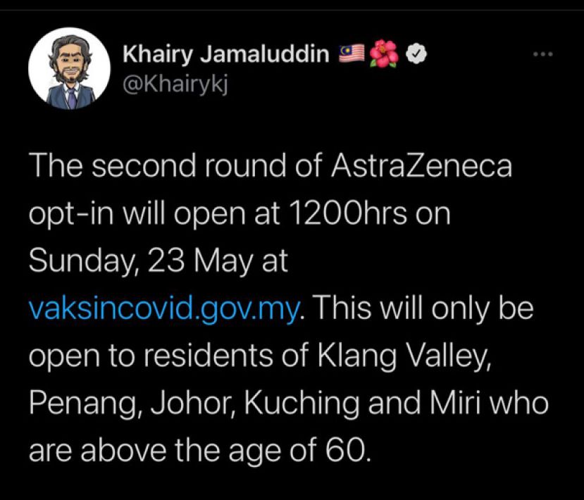 此次的预约仅开放给在巴生谷、槟城、柔佛、砂拉越古晋和美里的60岁以上居民。