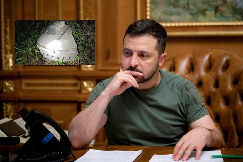 泽伦斯基坚信飞弹不是乌克兰所射。小图为现场飞弹残骸。