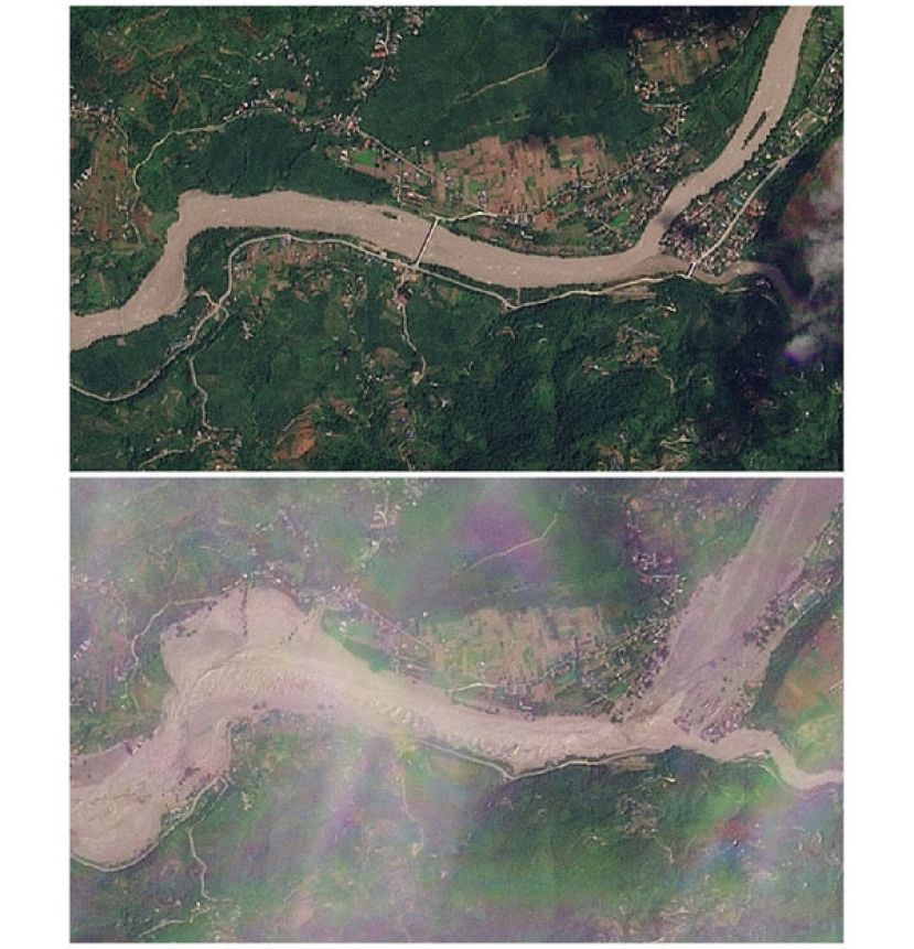 尼泊尔土石流卫星照前後对比。