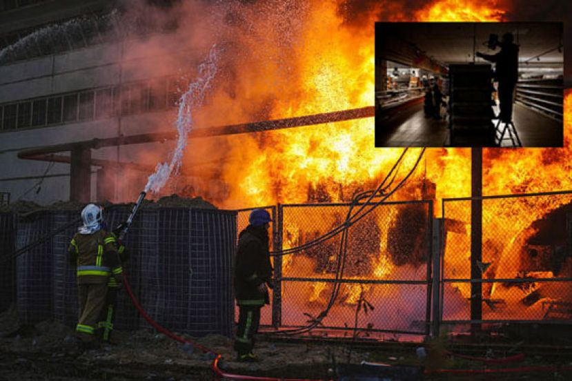 乌克兰基辅一座火力发电厂遭俄军飞弹袭击起火。小图为乌克兰哈尔科夫因俄军导弹袭击而遭遇停电，民众摸黑在超市内购物。