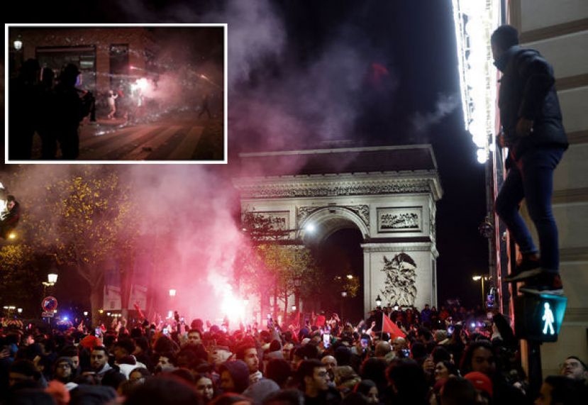 摩洛哥力克葡萄牙，加上法国击败英格兰，让巴黎球迷纷纷上街狂欢庆祝。小图为巴黎警方动用催泪瓦斯驱散群众。