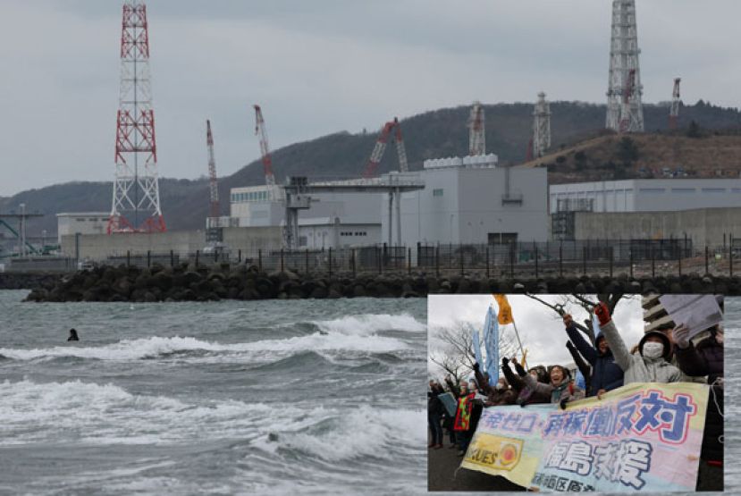 位於日本新舄县的柏崎刈羽核电厂。小图为日本新舄县当地居民上街表态反对重启柏崎刈羽核电厂。