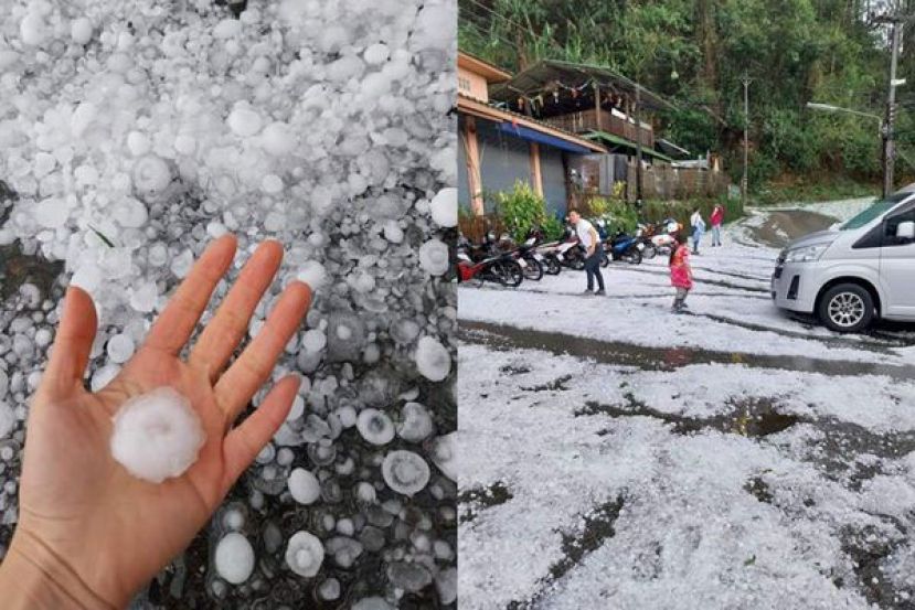 泰国清迈下冰雹，路面一片雪白。
