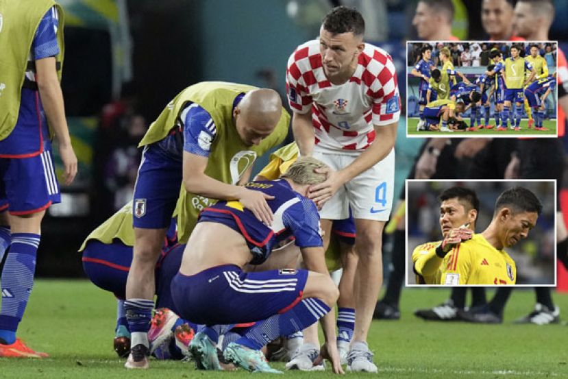 浅野拓磨蹲地落泪，克罗埃西亚球员前来安慰。右上图：南野拓实第一球就被挡下，赛后跪地爆哭。右下图：守门员权田修一神情懊悔。