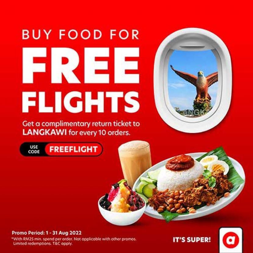 在 8 月 1 日至 31 日期间，使用兑换代码 FREEFLIGHT 购买 airasia food 的用户，每十个订单可兑换一次免费往返兰卡威的航班