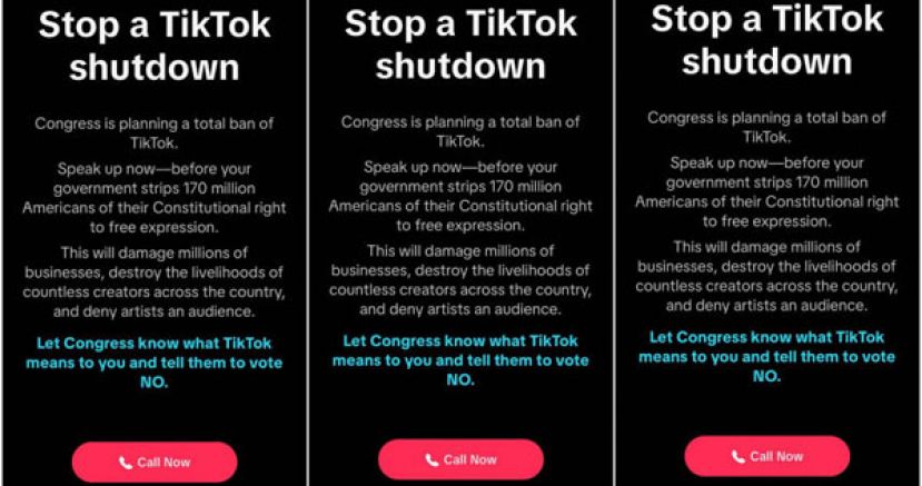 TikTok发起抗议！呼吁用户拨电话给美国国会抗议言论自由被剥夺。