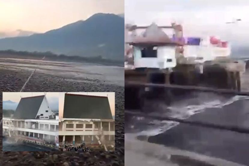 印尼强震後海岸线往後退，有民众拍下0.9公尺海啸涌入画面。小图为茅梅雷罗伦斯赛港一栋两层楼高的候船室出现坍塌。