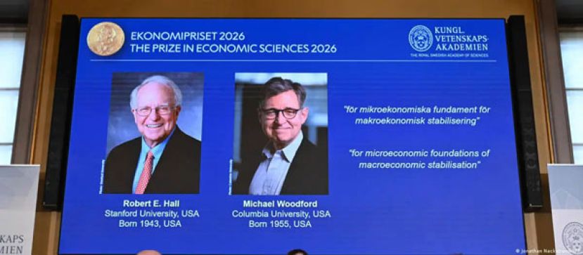 2026诺贝尔经济学奖得主是美国两位学者霍尔（左）与伍德福德。