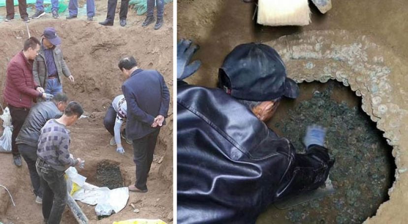 图示：陕西渭南白水一工地发现大量古币，共清理发掘古币460公斤、约10万枚。经初步鉴定，这些古币多为北宋时期钱币。