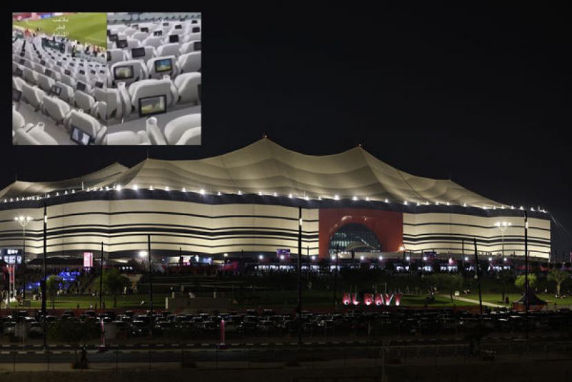 巴伊特体育场的外观是按照贝都因人的帐篷所设计，场馆内可容纳6万人。小图为场内的观众席旁设有小电视。