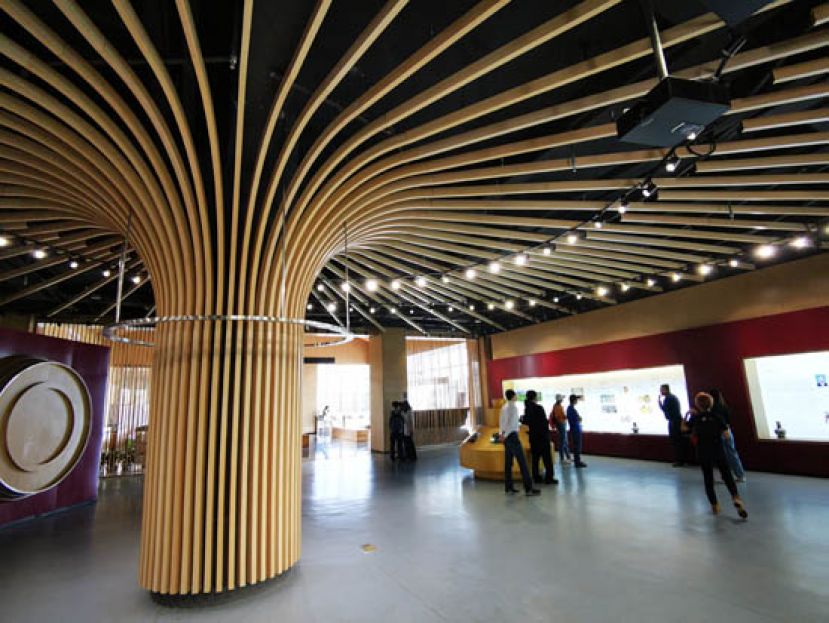 茅山镇的丁庄葡萄文化主题馆设计，也像葡萄藤般四周蔓延开来。