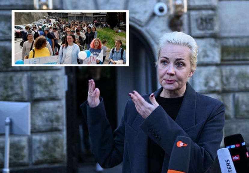 纳瓦尼遗孀尤莉雅17日前往俄罗斯驻柏林大使馆投票。小图为民众在投票所外参与抗议行动。