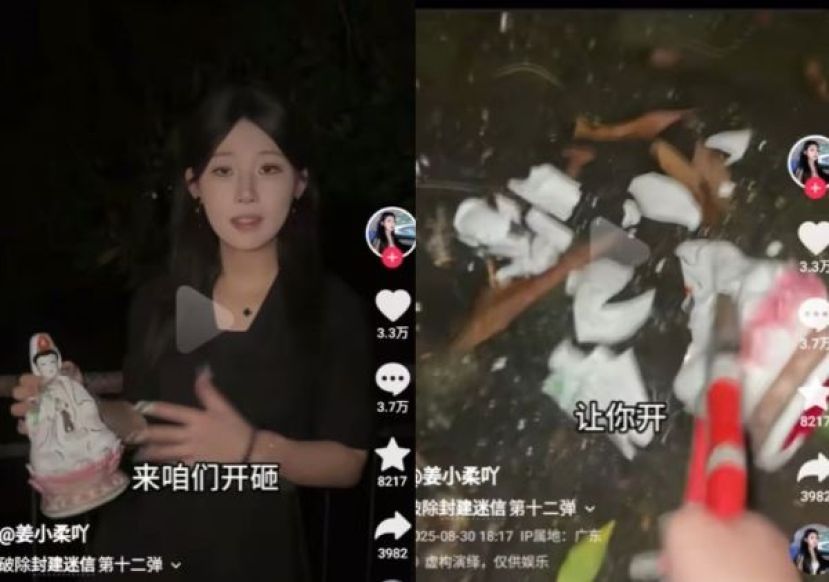 姜小柔过去曾拍摄「怒砸观音像」影片，引发不少网友批评。