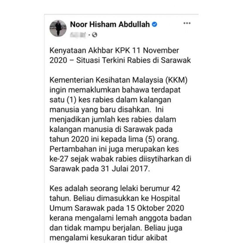 卫生总监丹斯里诺希山脸书上发文告指砂拉越再增1宗疯狗症死亡病例。