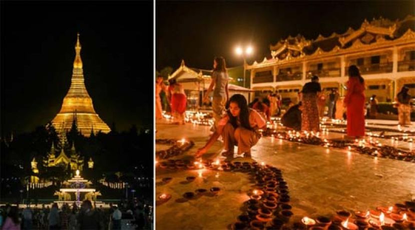 （左）仰光大金塔。（右）民众周日晚上在仰光的波特涛塔点灯。