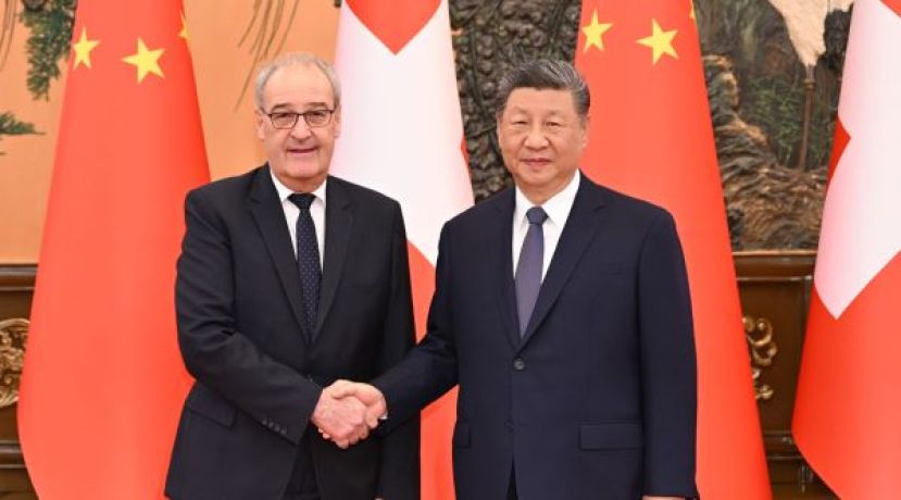 中国国家主席习近平（右）在北京人民大会堂会见来华进行工作访问的瑞士联邦主席帕姆兰。