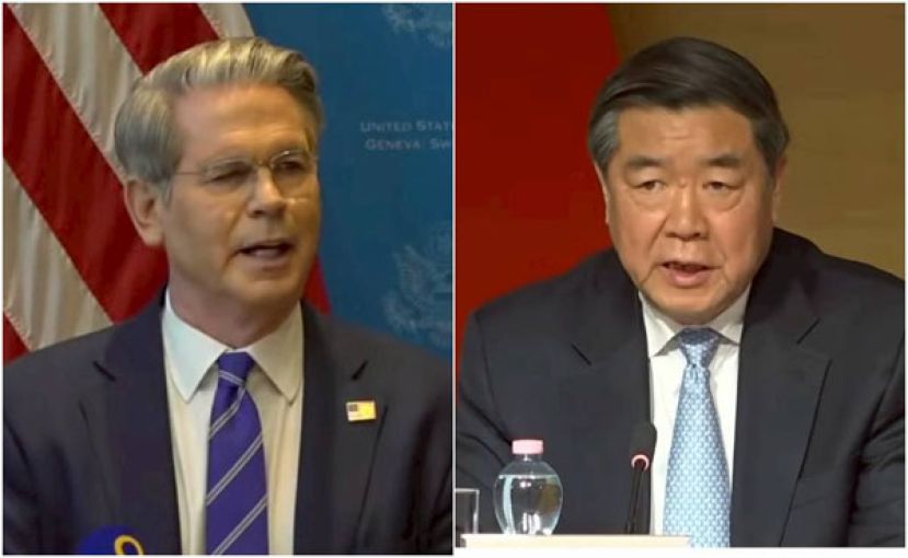 中美代表于瑞士日内瓦经贸会谈后发表联合声明，宣布互相降低对彼此商品徵收的关税水平，为期90天。
