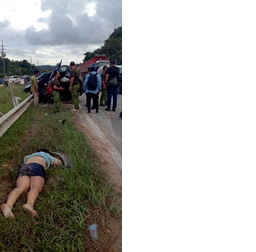 涉案轿车在剧烈中翻覆，被抛跌出车外的女乘客卧尸路边。