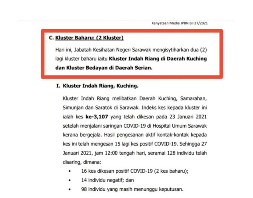 古晋与西连各新增1个新感染群。