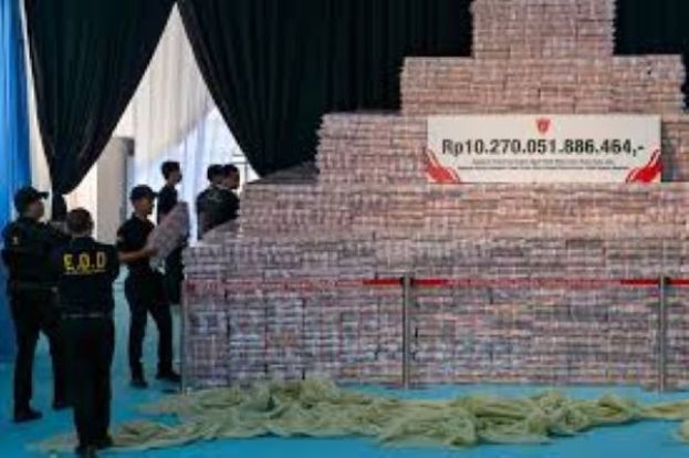 成堆的10万面值印尼盾纸币堆积如山。