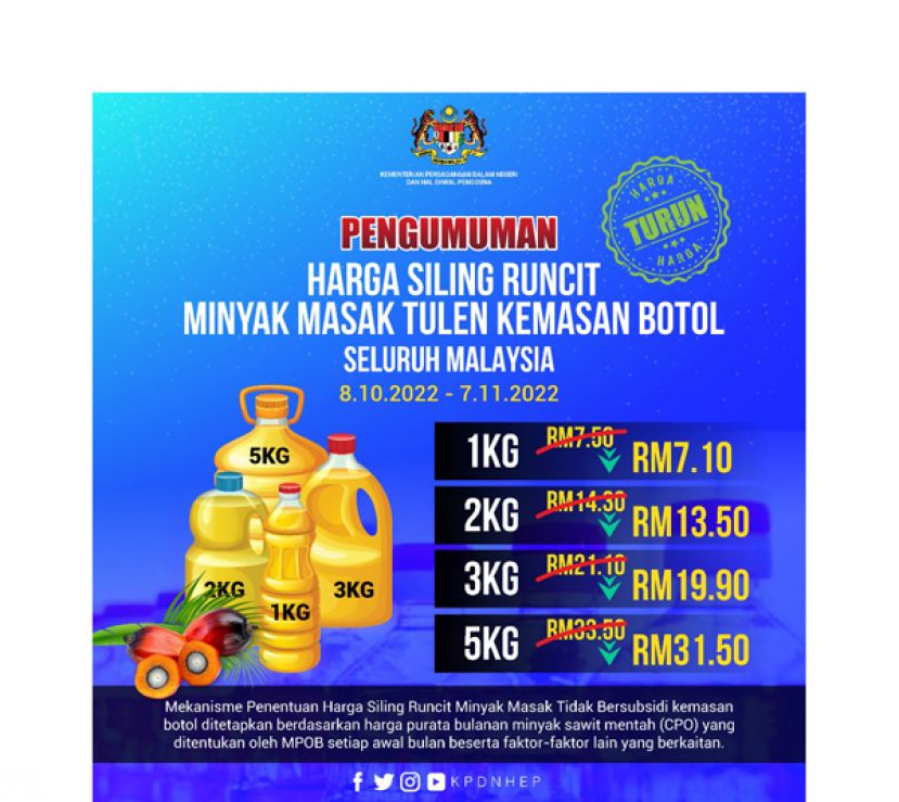 10月8日至11月7日 5公斤瓶装纯棕油食用油降价2令吉