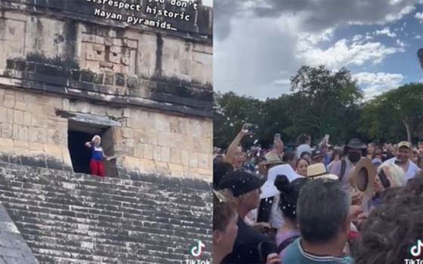 金发女子在墨西哥的世界七大奇迹跳舞拍抖音时，遭到围观群众嘲笑与怒骂和泼水。