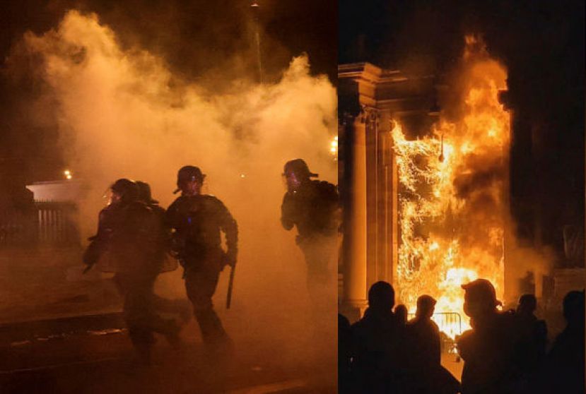 全国示威进入第9天，爆发多起警民冲突。波尔多市政厅23日遭暴徒纵火，前门被烈火吞噬。