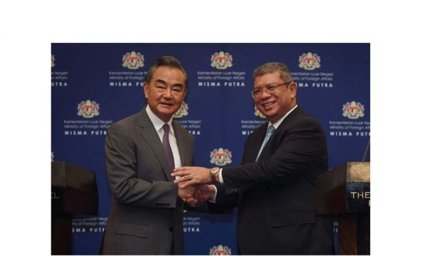 王毅（左）与赛夫丁亲切交流。