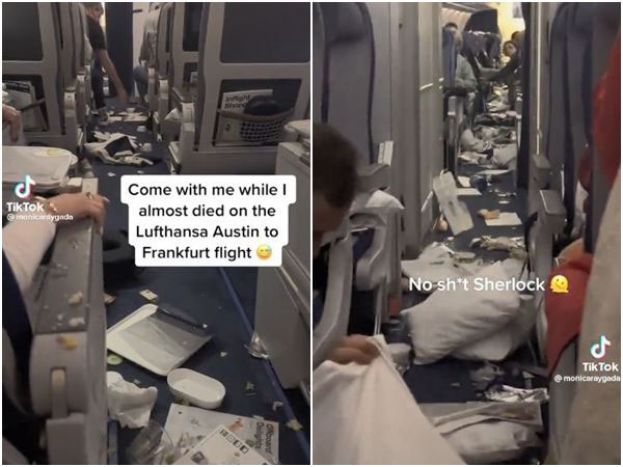 汉莎航空班机遇乱流，如自由落体般高空下坠数千英尺，枕头餐盘乱飞。