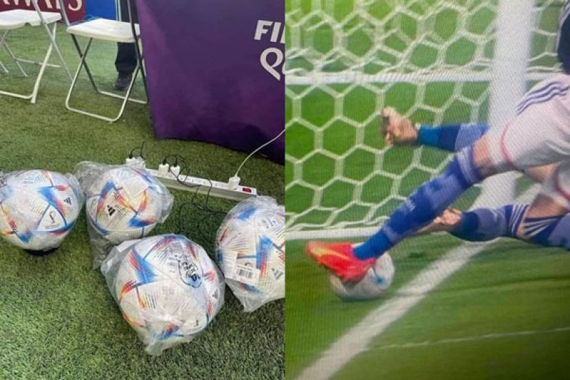 助攻的三笘薰被质疑出界，右为转播截图画面。