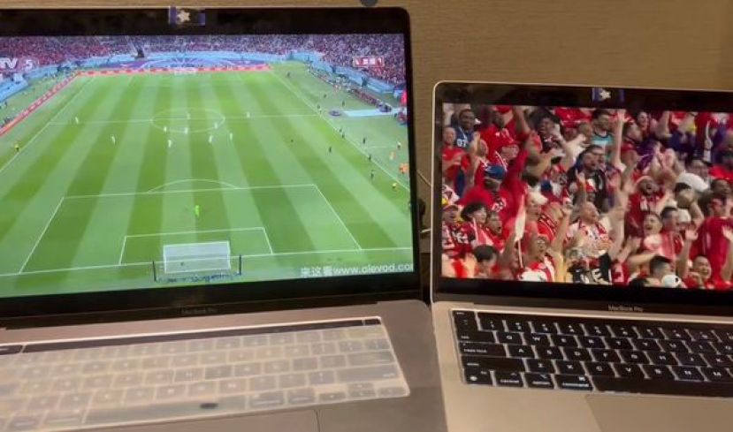 澳洲SBS播（右）的球迷欢呼画面，到了央视（左）秒变场内空景。