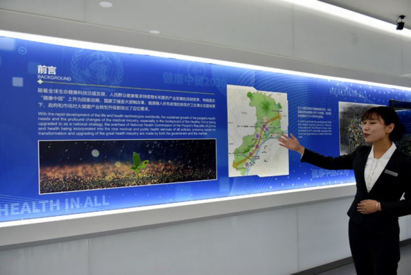 讲解员为团员说明南京国际健康城的发展情况。