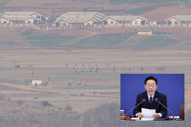 从韩国京畿道坡州市望向另一端的朝鲜开城。小图为韩国总统李在明。